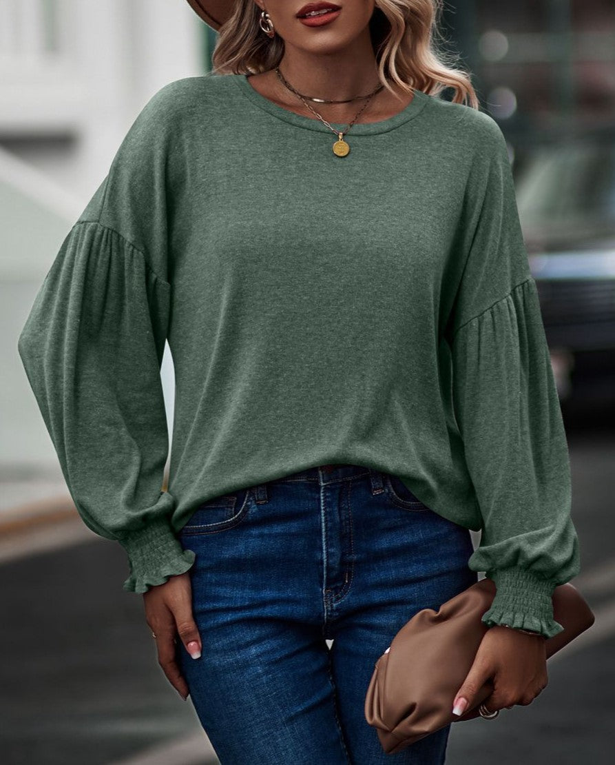 Crewneck Pleated Ballon Sleeve Top - Green