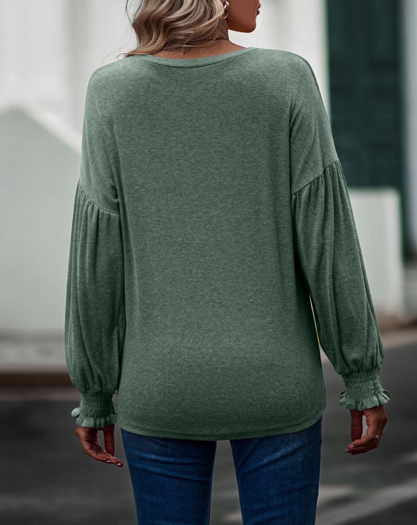 Crewneck Pleated Ballon Sleeve Top - Green