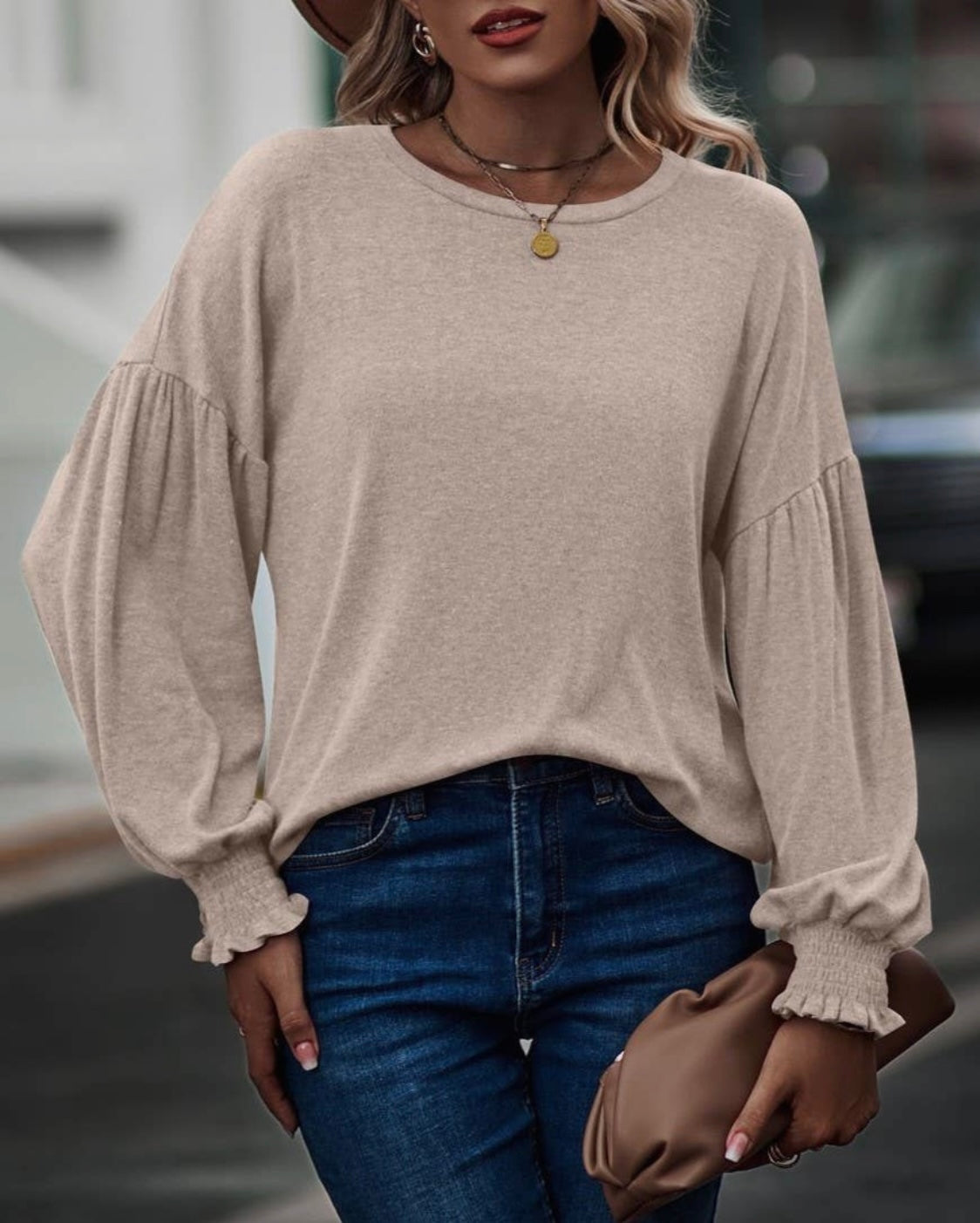 Crewneck Pleated Balloon Sleeve Top