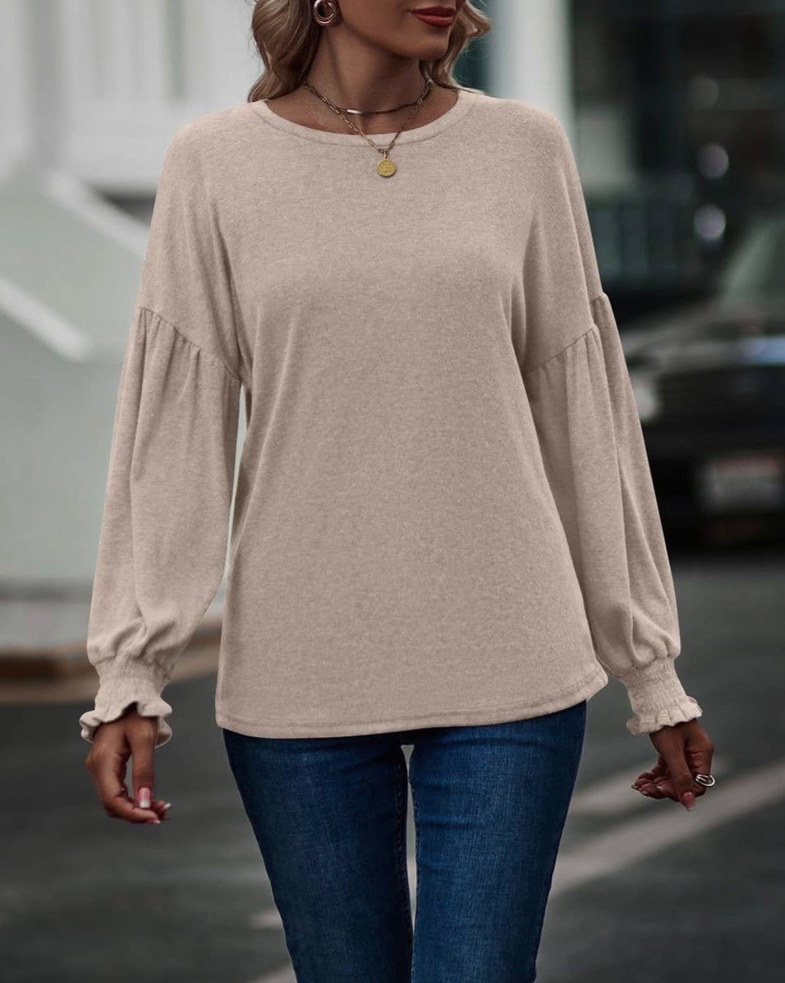 Crewneck Pleated Balloon Sleeve Top