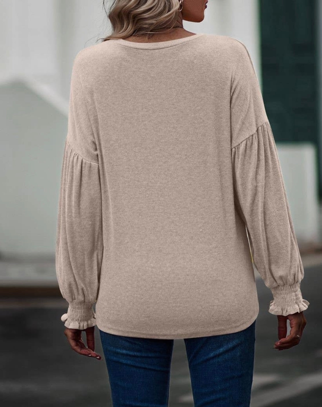 Crewneck Pleated Balloon Sleeve Top