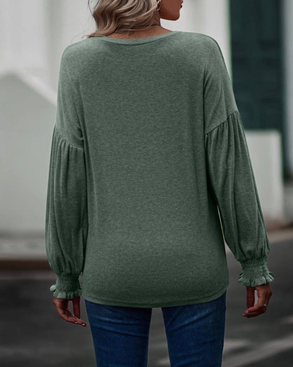 Crewneck Pleated Balloon Sleeve Top