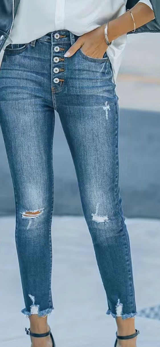 Distressed Bottom Fly Jeans