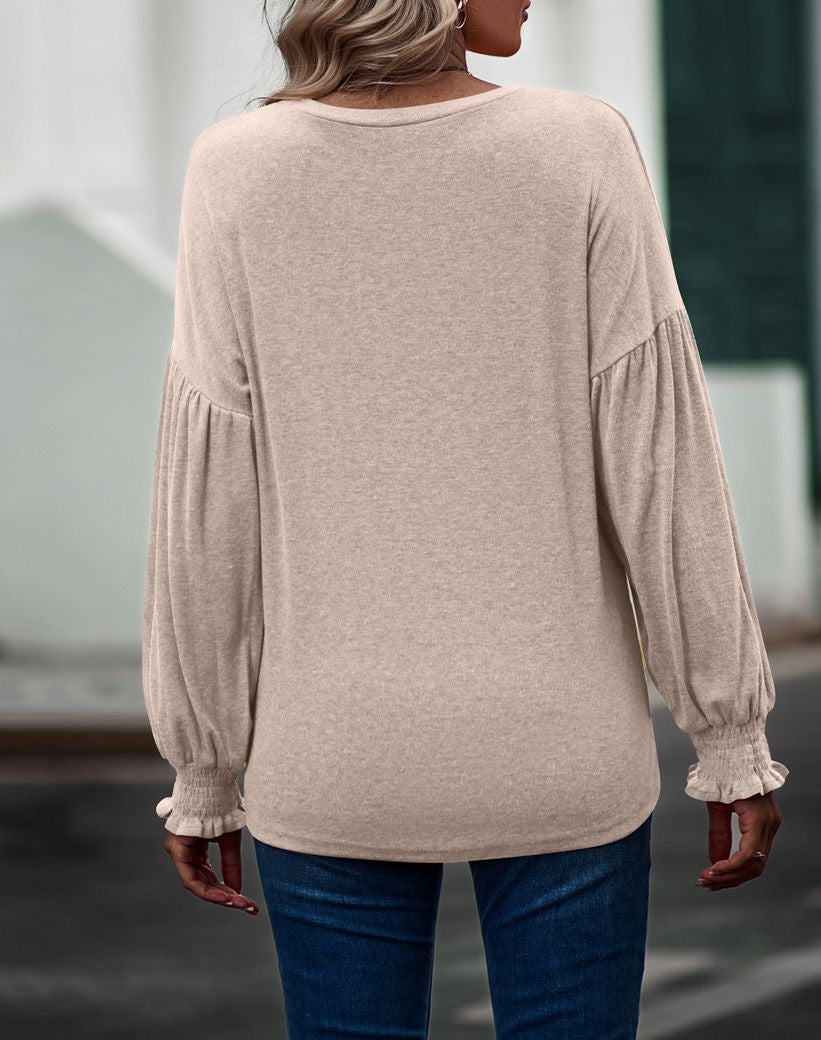 Crewneck Pleated Ballon Sleeve Top - Apricot