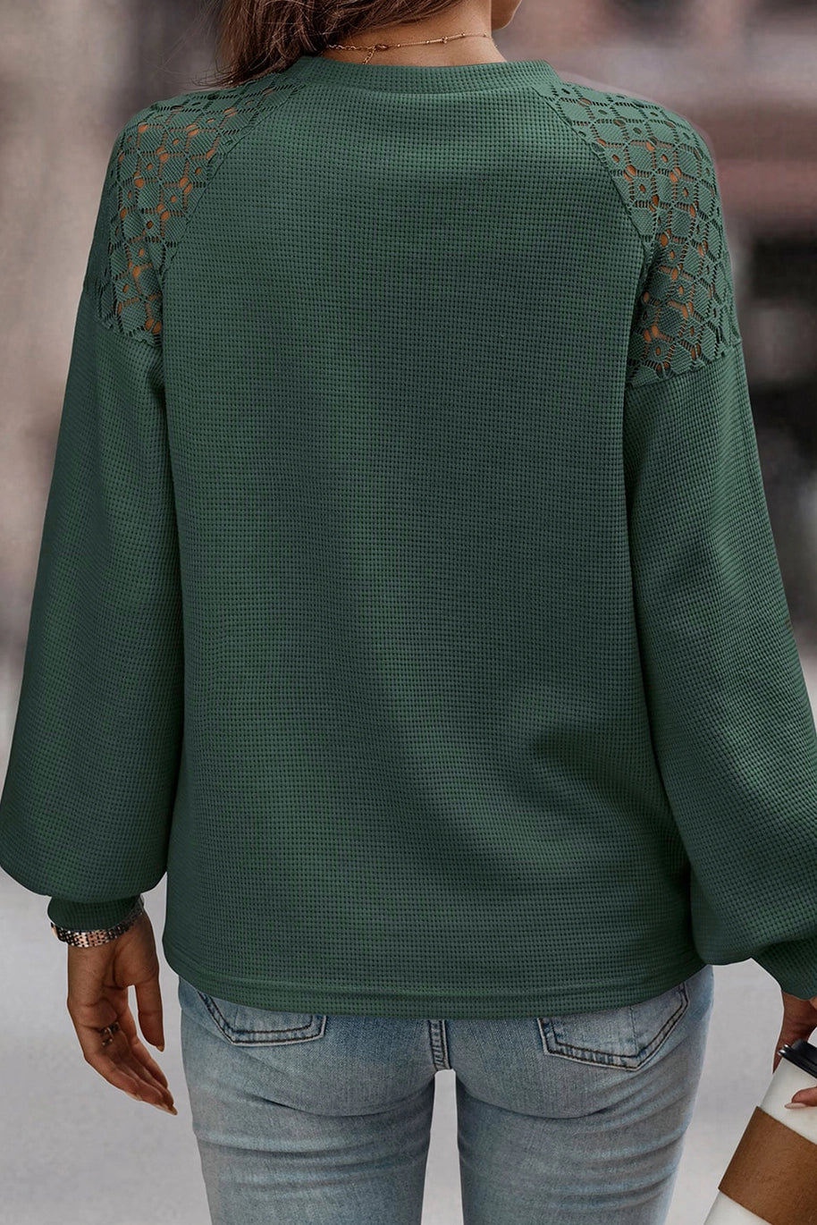 Waffle Long Sleeve Pullover Top-Blackish Green