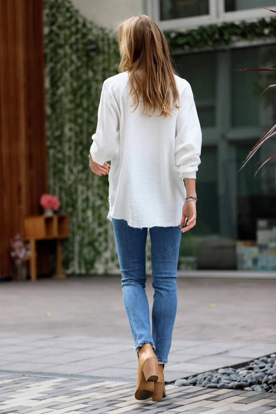 Button Down Raw Edge Shirt with Pockets-Copper