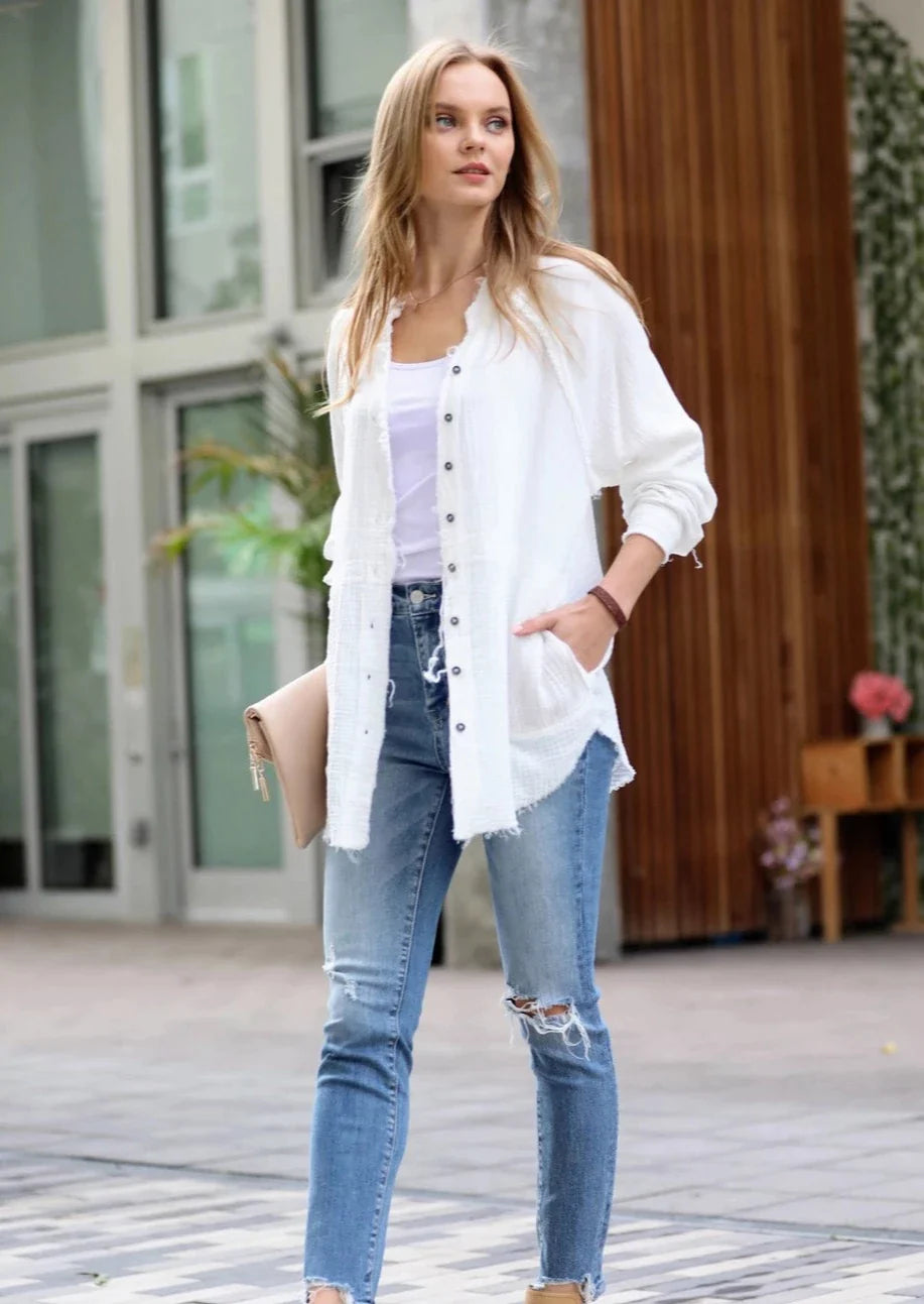 Button Down Raw Edge Shirt with Pockets-Copper