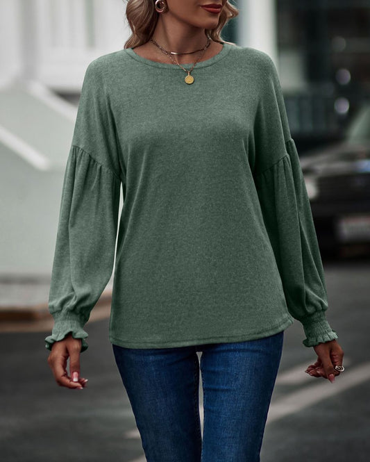 Crewneck Pleated Ballon Sleeve Top - Green