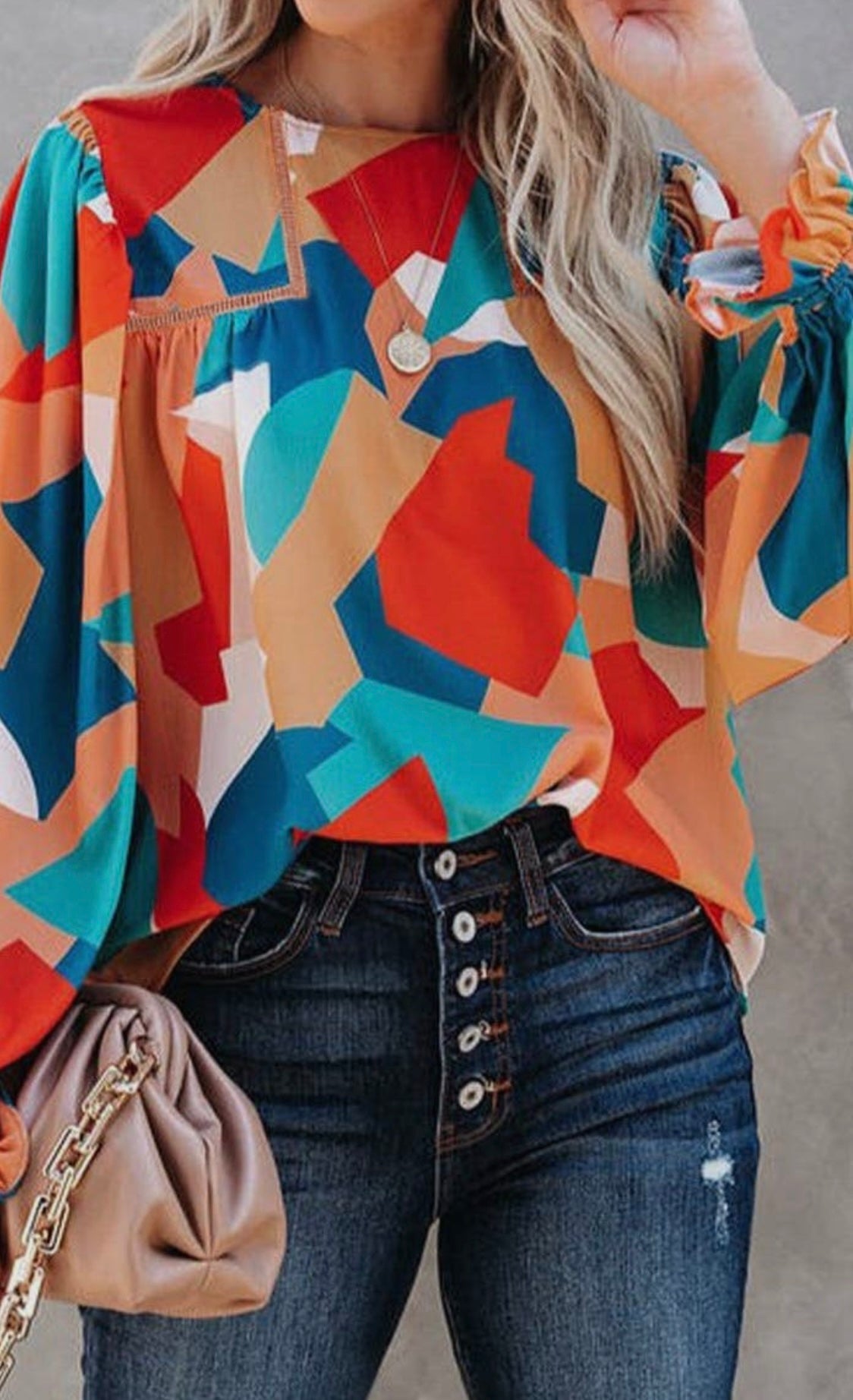 Abstract Puff Sleeve Blouse