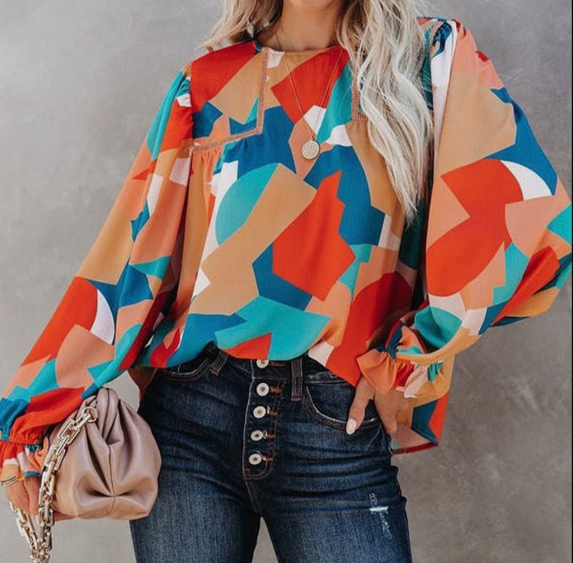 Abstract Puff Sleeve Blouse