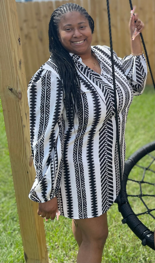 Black & White Striped Long Sleeve Dress