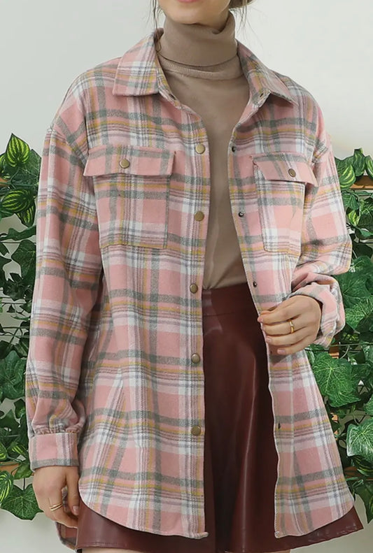 Pink Plaid Shacket with Button Down Pockets