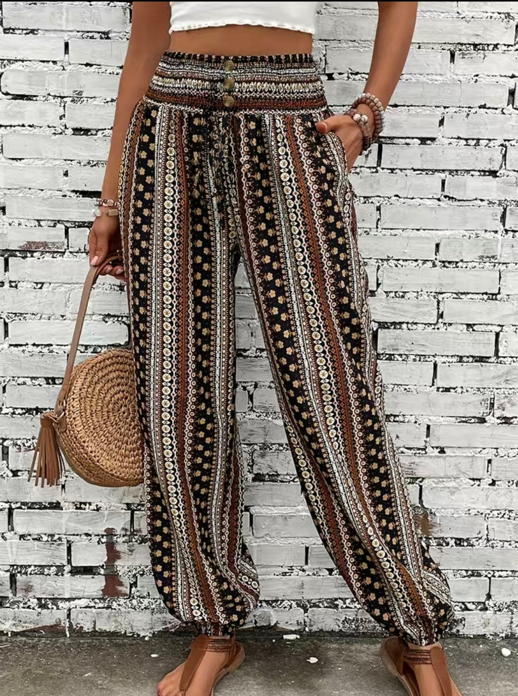 Boho Shirred Waist Long Pants