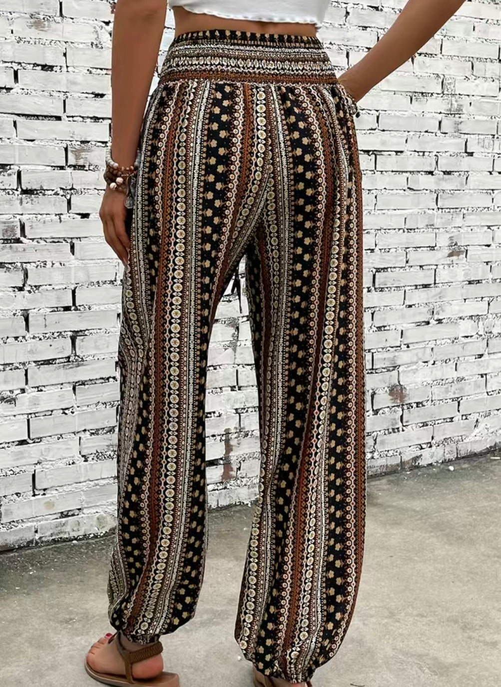 Boho Shirred Waist Long Pants