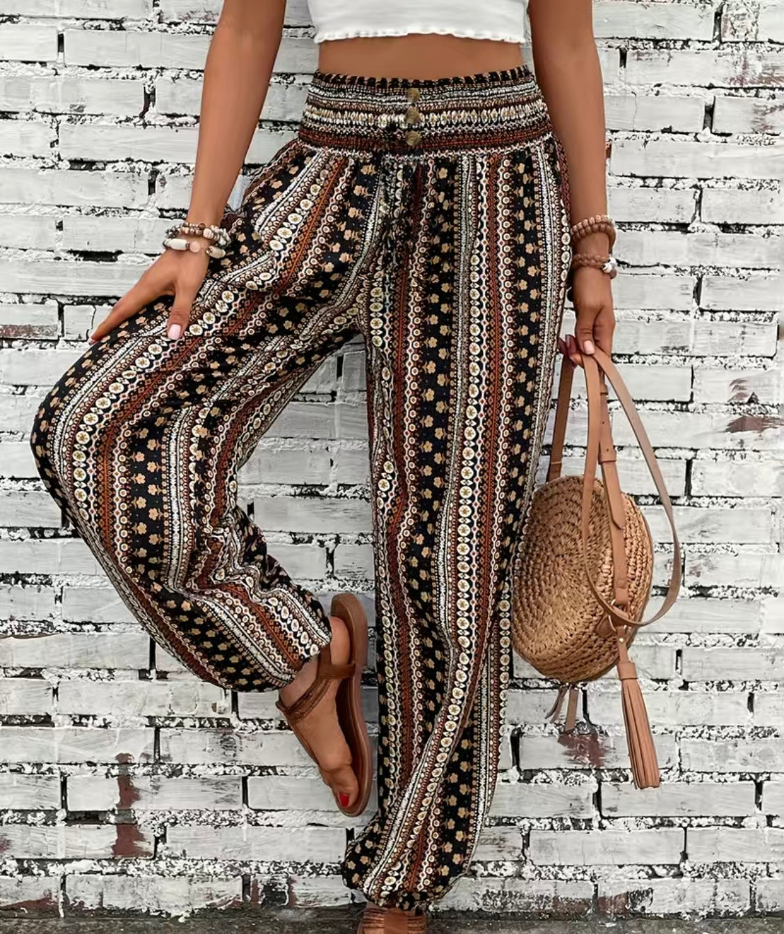 Boho Shirred Waist Long Pants