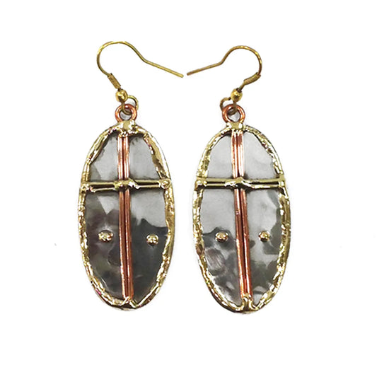 Mixed Metal Earrings - Thin Cross in Oval