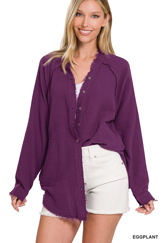 Button Down Raw Edge Shirt with Pockets-Eggplant